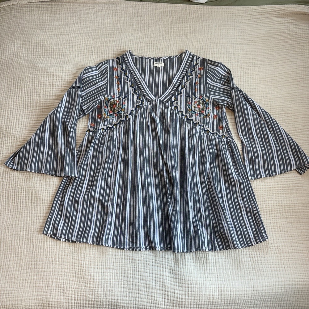 World Market Womens Striped 3/4 Sleeve Embroidered Alexandra Tunic Top Small Med